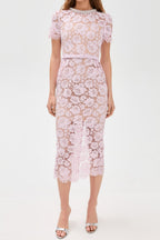 Flowering Girl Women Pink Hollow Lace Pearl Midi Dress