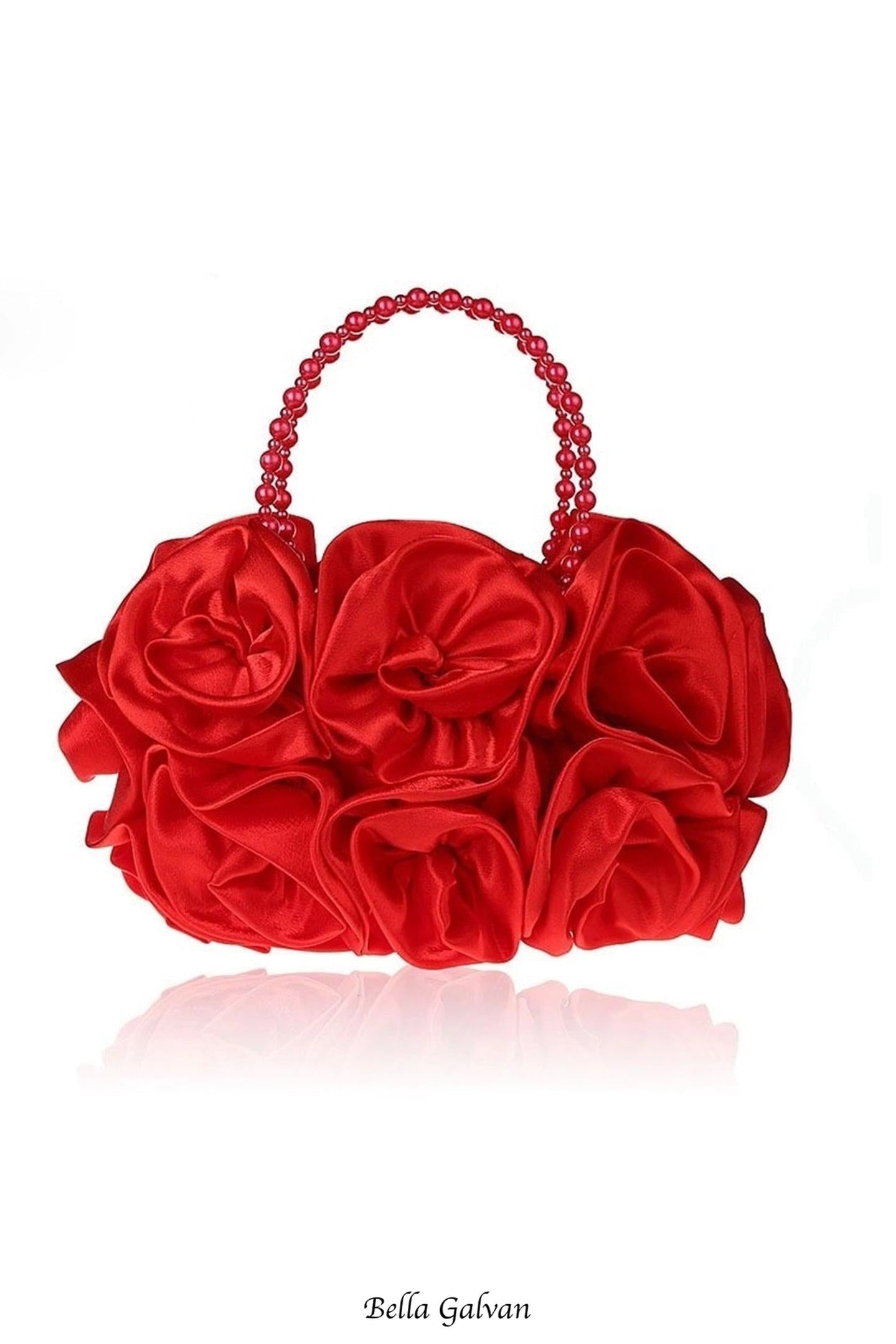 Flowering Girl Women Satin Rosettes Pearl Handbag