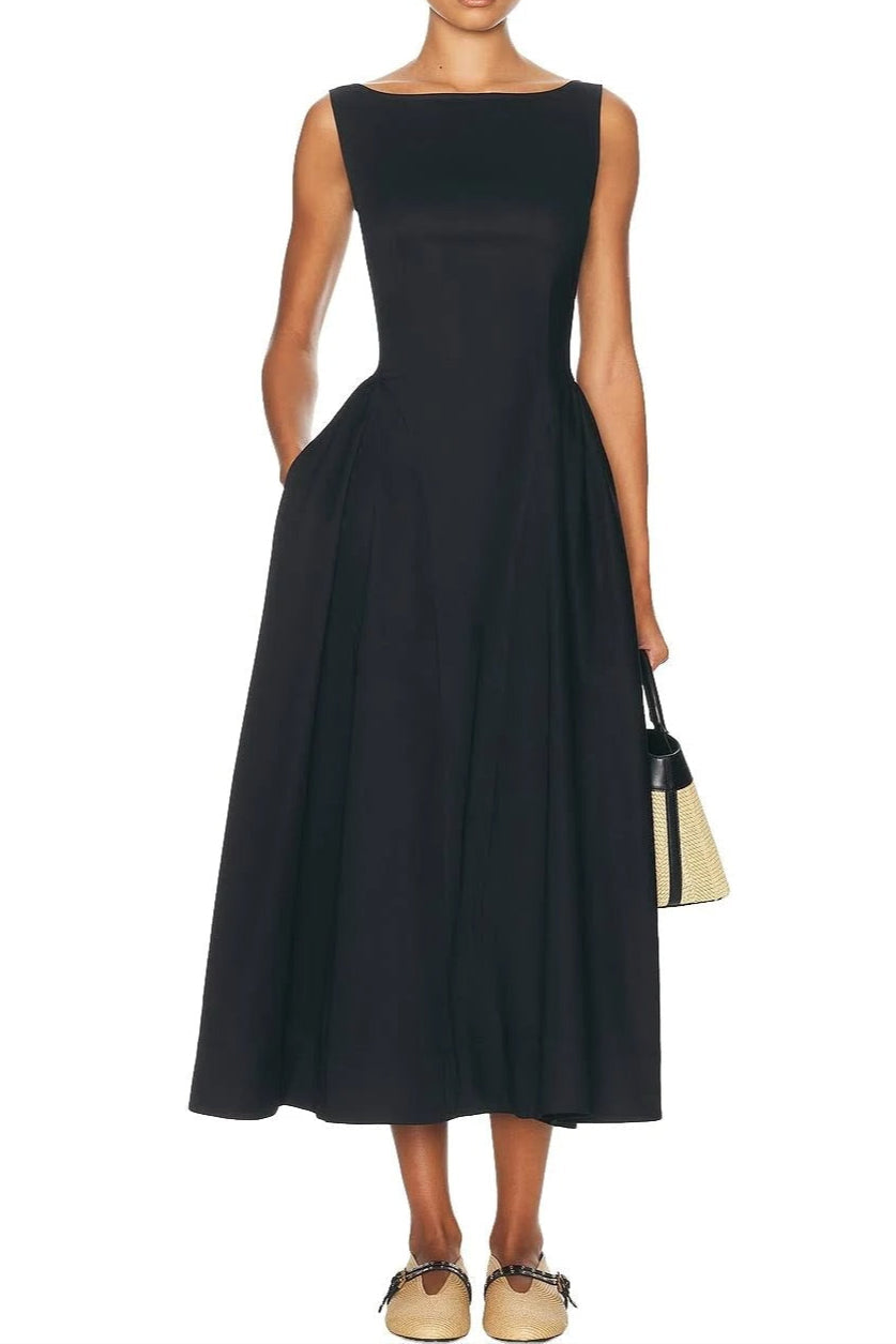 Stretch Cotton Sateen Midi Dress In Black