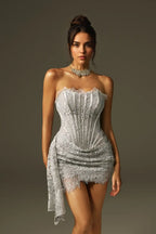Silver Strapless Lace Corset Mini Dress