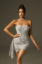 Silver Strapless Lace Corset Mini Dress