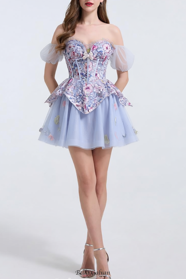 kelly floral print embroidery tulle puffy mini dress