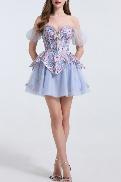 kelly floral print embroidery tulle puffy mini dress