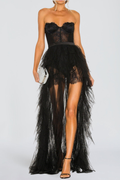 Flowering Girl Women Black Strapless Lace Patchwork Mesh Maxi Dress
