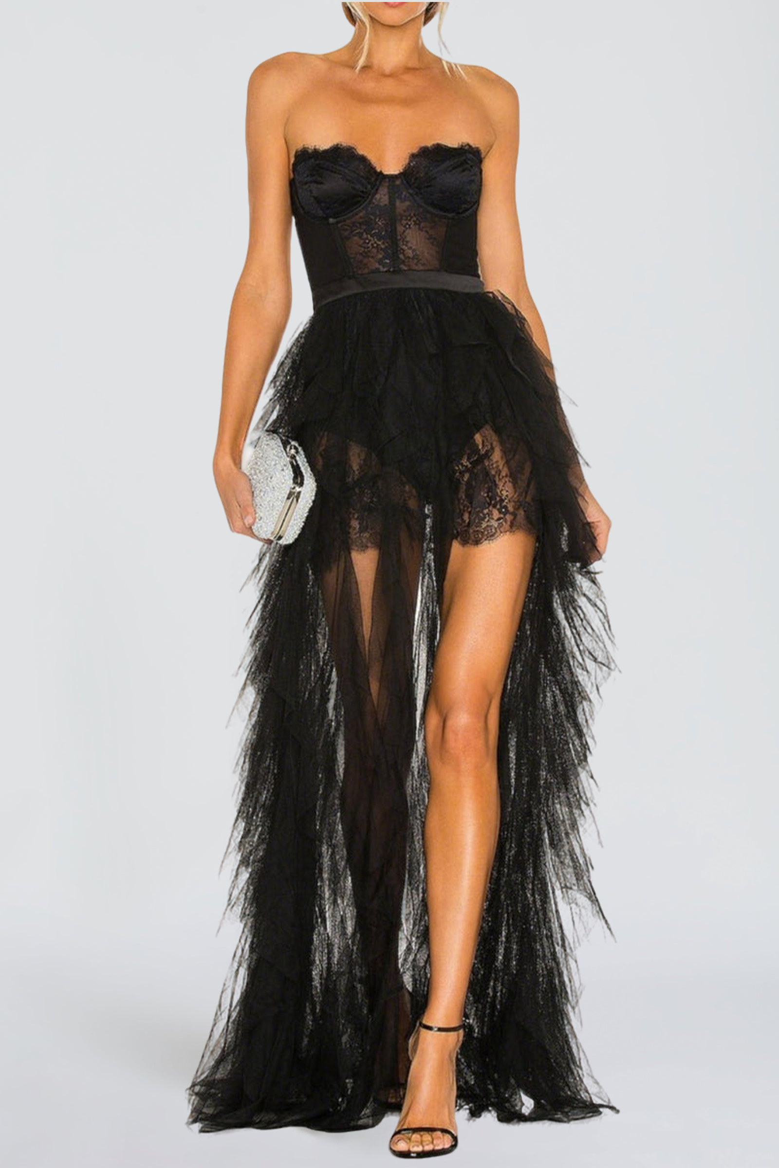 Flowering Girl Women Black Strapless Lace Patchwork Mesh Maxi Dress