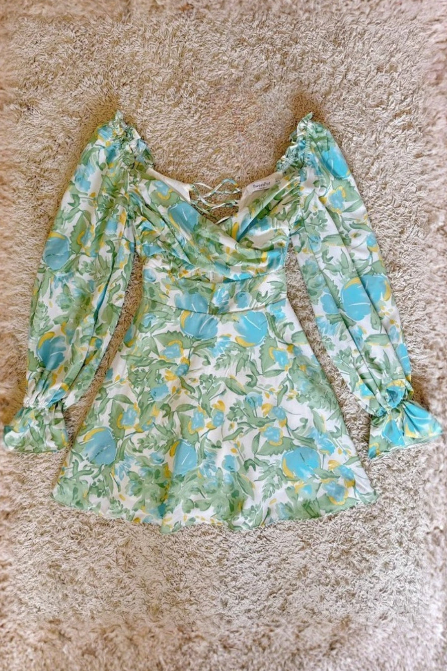 Flowering Girl Women Off Shoulder Lace-Up Back Floral Puff Sleeve Mini Dress