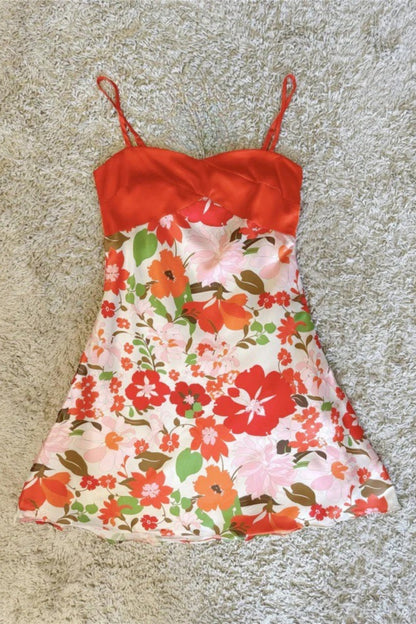 Two-Tone Satin Bust Floral Slip Mini Dress