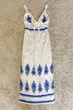 Front Tie V-Neck Ethnic Blue Print Spaghetti Strap Midi Dress