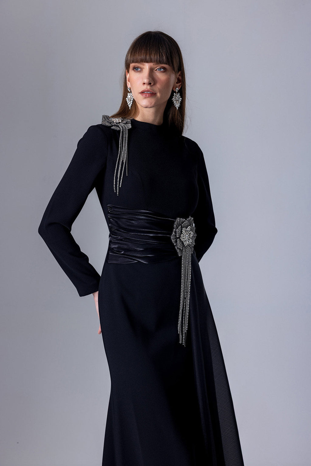 Crystal Flower Long-Sleeve Lace Pleated Maxi Dress In Blue