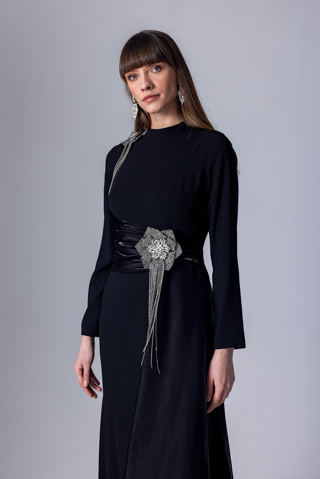 Crystal Flower Long-Sleeve Lace Pleated Maxi Dress In Blue