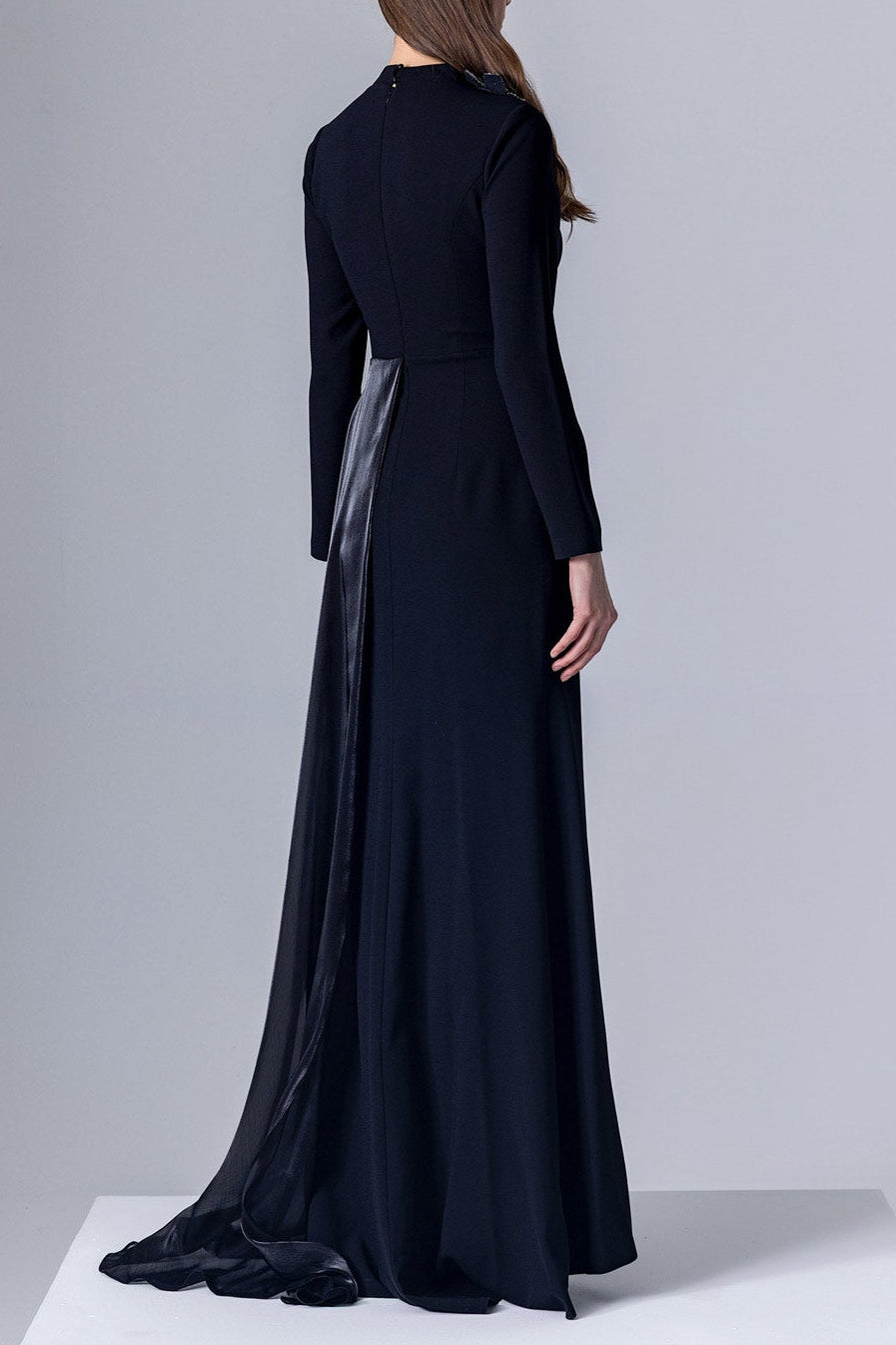 Crystal Flower Long-Sleeve Lace Pleated Maxi Dress In Blue