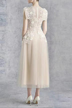 Floral Appliqué Bodice Sleeveless Midi Dress In Beige