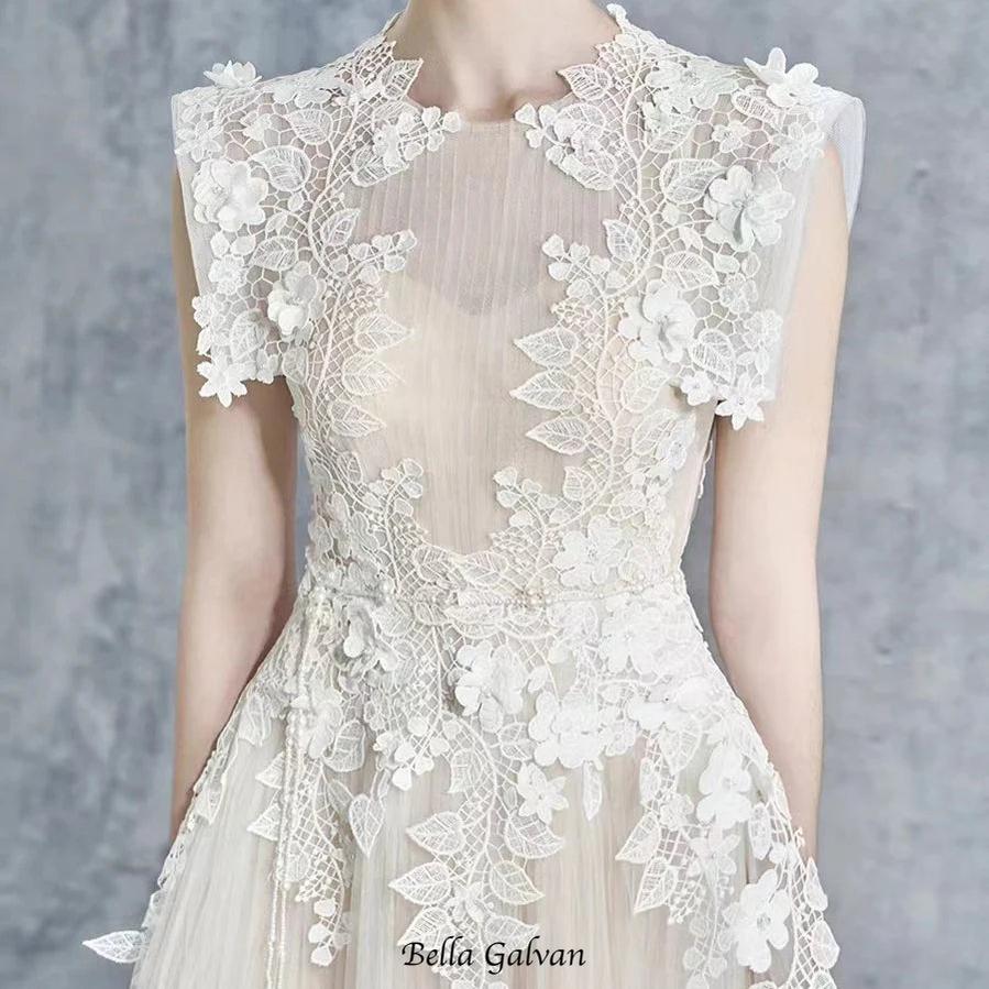 floral appliqué bodice sleeveless midi dress in beige