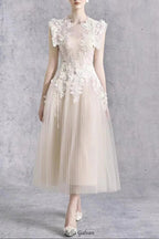 floral appliqué bodice sleeveless midi dress in beige