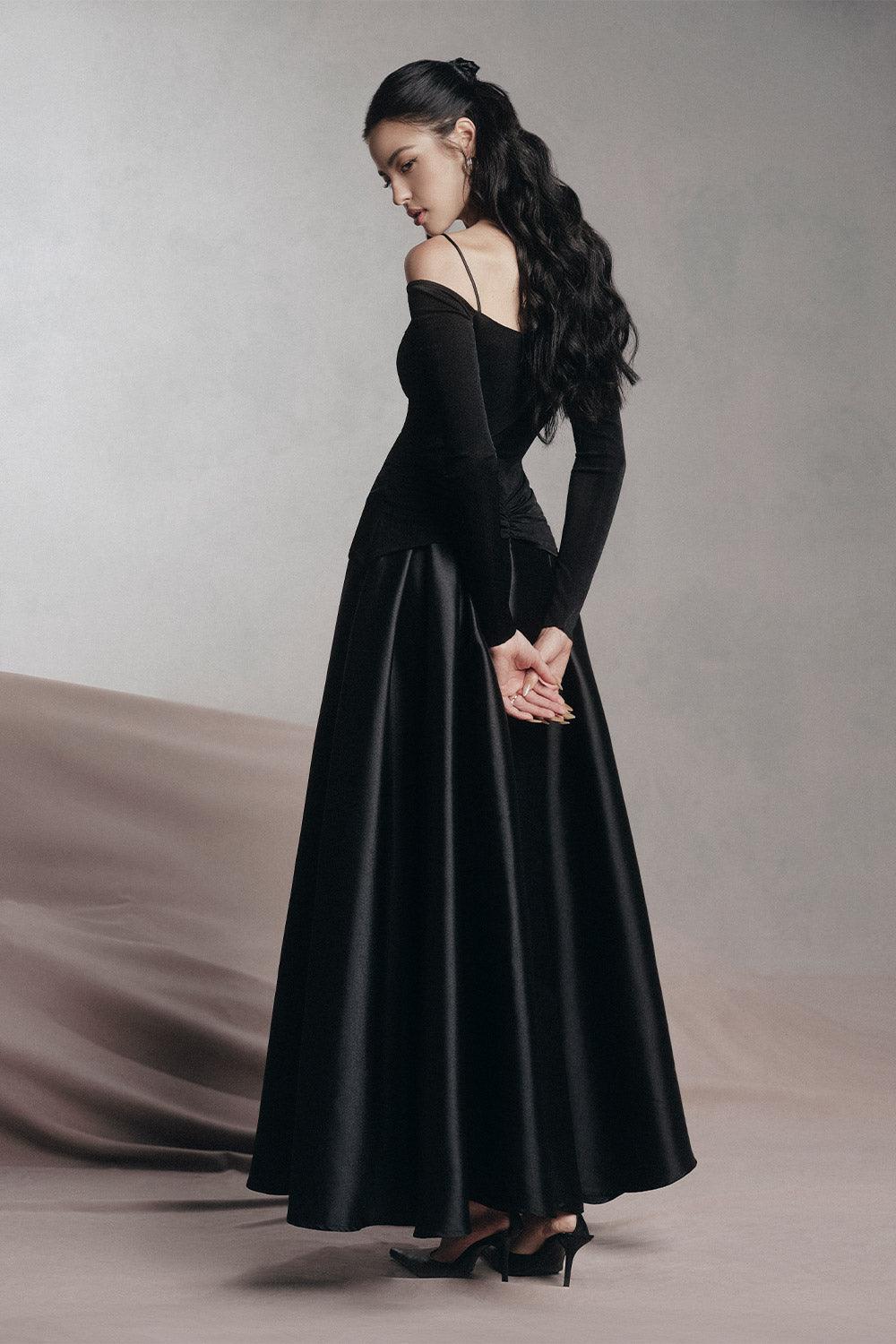 Flowering Girl Women black A-line Cold Shoulder Sleeved Spandex Taffeta Maxi Dress