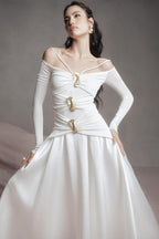 Flowering Girl Women white A-line Cold Shoulder Sleeved Spandex Taffeta Maxi Dress