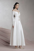Flowering Girl Women white A-line Cold Shoulder Sleeved Spandex Taffeta Maxi Dress