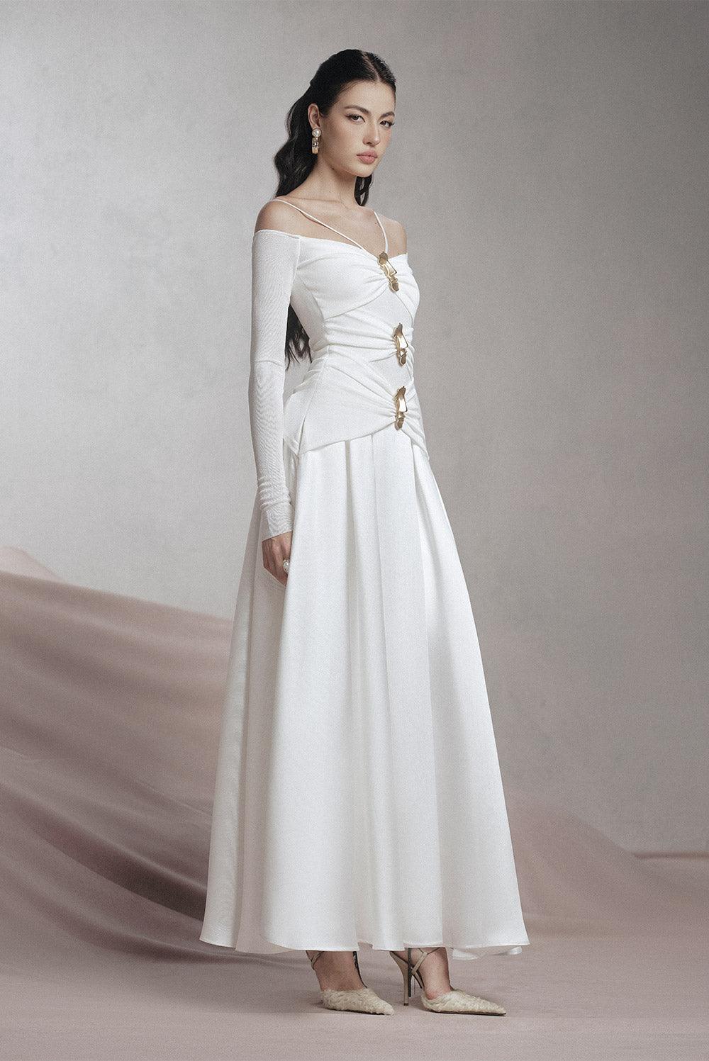 Flowering Girl Women white A-line Cold Shoulder Sleeved Spandex Taffeta Maxi Dress