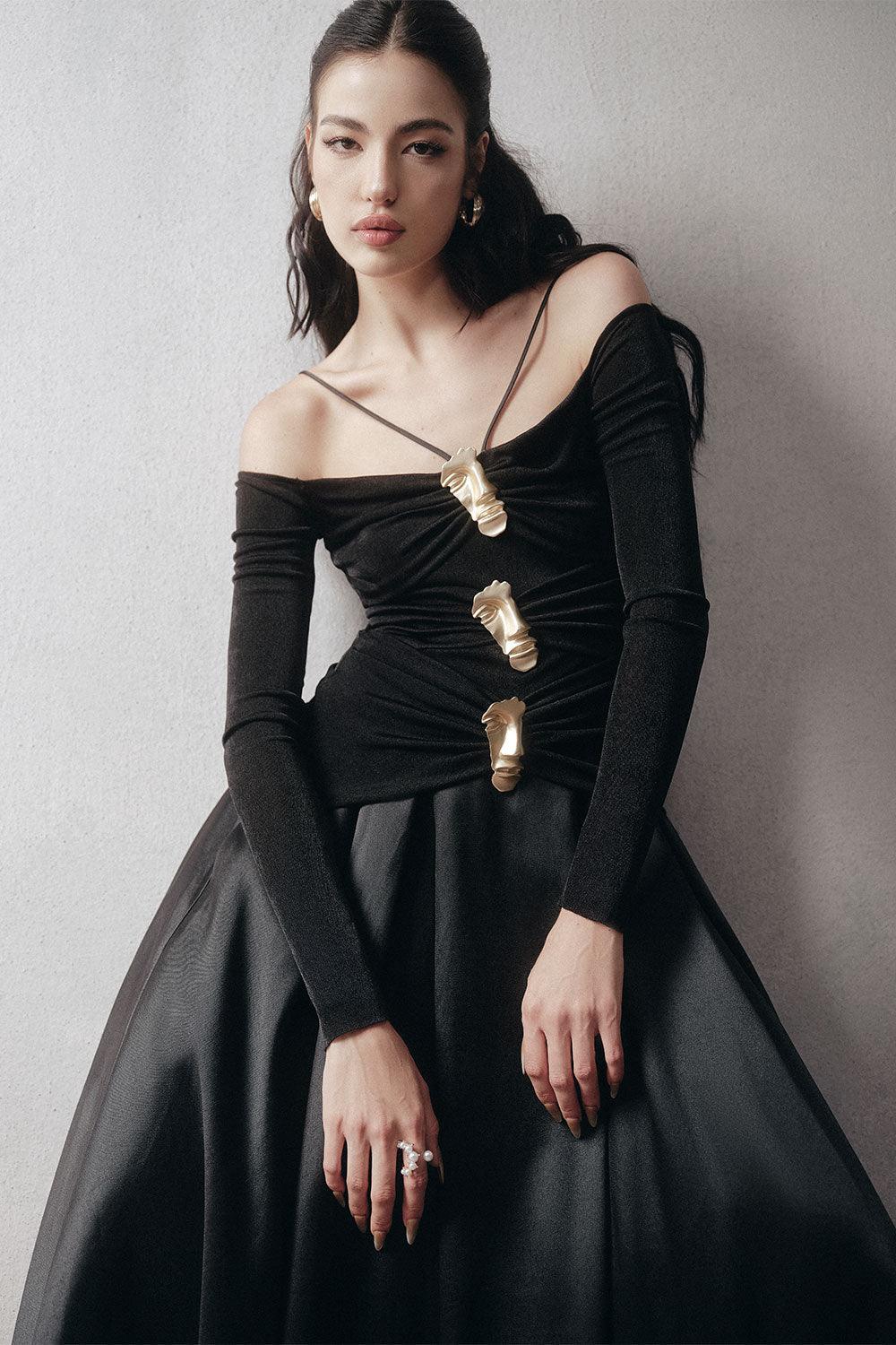 Flowering Girl Women black A-line Cold Shoulder Sleeved Spandex Taffeta Maxi Dress