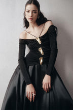 Flowering Girl Women black A-line Cold Shoulder Sleeved Spandex Taffeta Maxi Dress