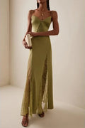 Flowering Girl Women Green Exclusive Lace-Inset Silk Maxi Slip Dress