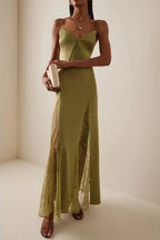 Flowering Girl Women Green Exclusive Lace-Inset Silk Maxi Slip Dress