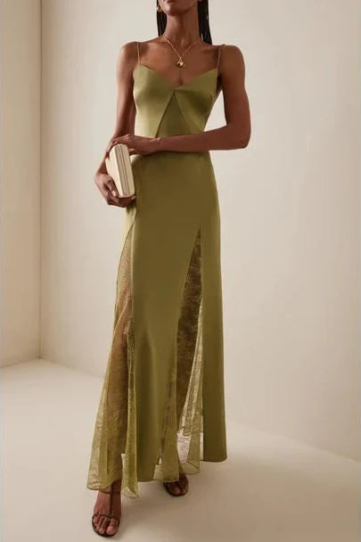 Flowering Girl Women Green Exclusive Lace-Inset Silk Maxi Slip Dress