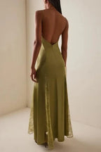 Flowering Girl Women Green Exclusive Lace-Inset Silk Maxi Slip Dress