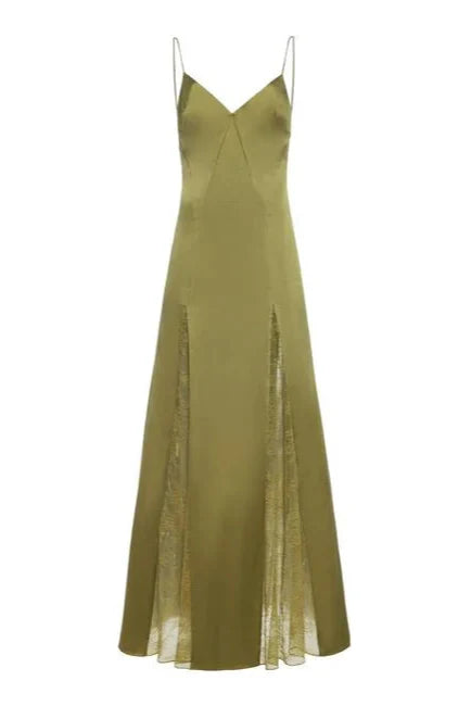 Flowering Girl Women Green Exclusive Lace-Inset Silk Maxi Slip Dress