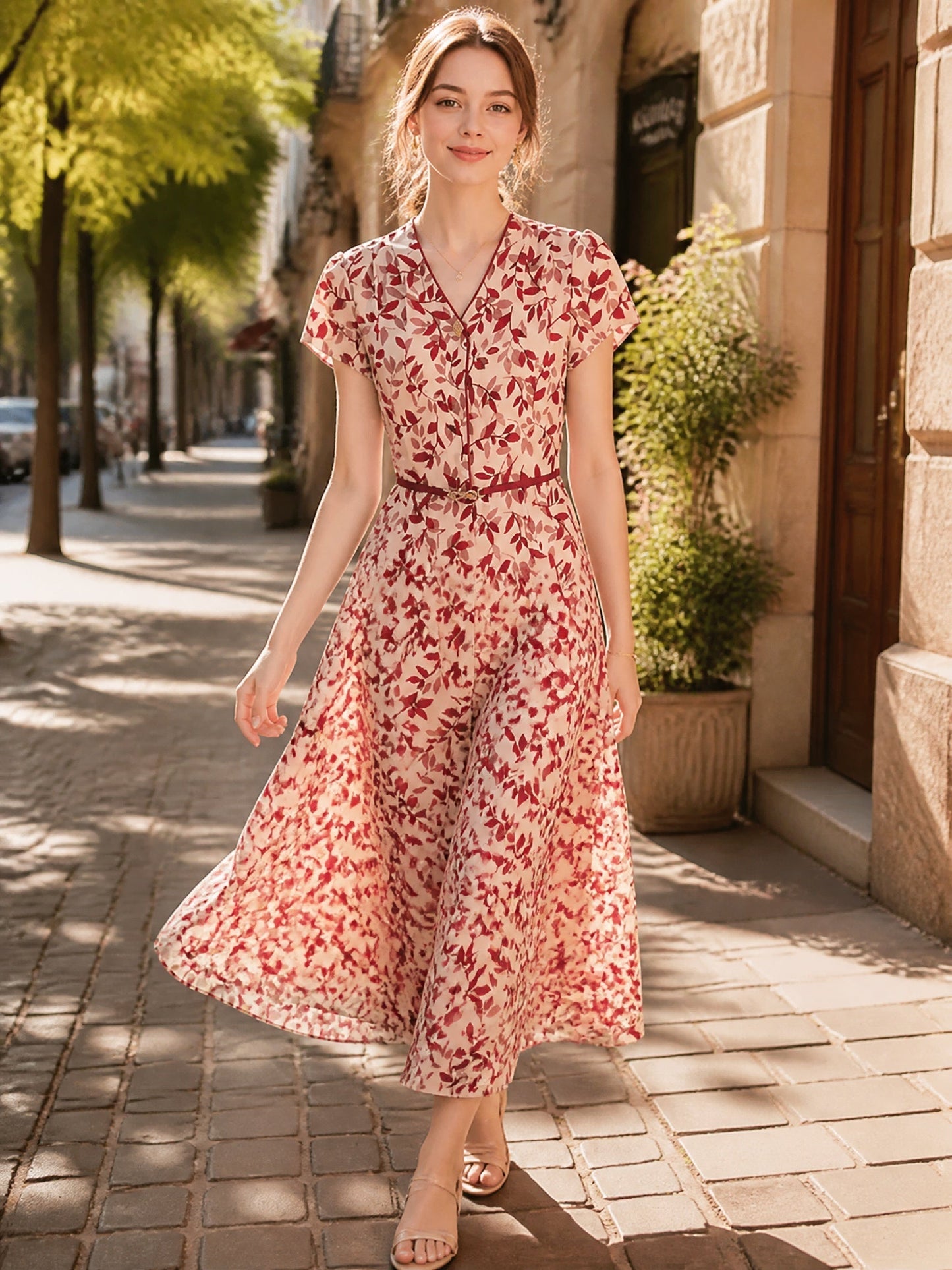 quanna Daily V-Neck Printed Chiffon Dress