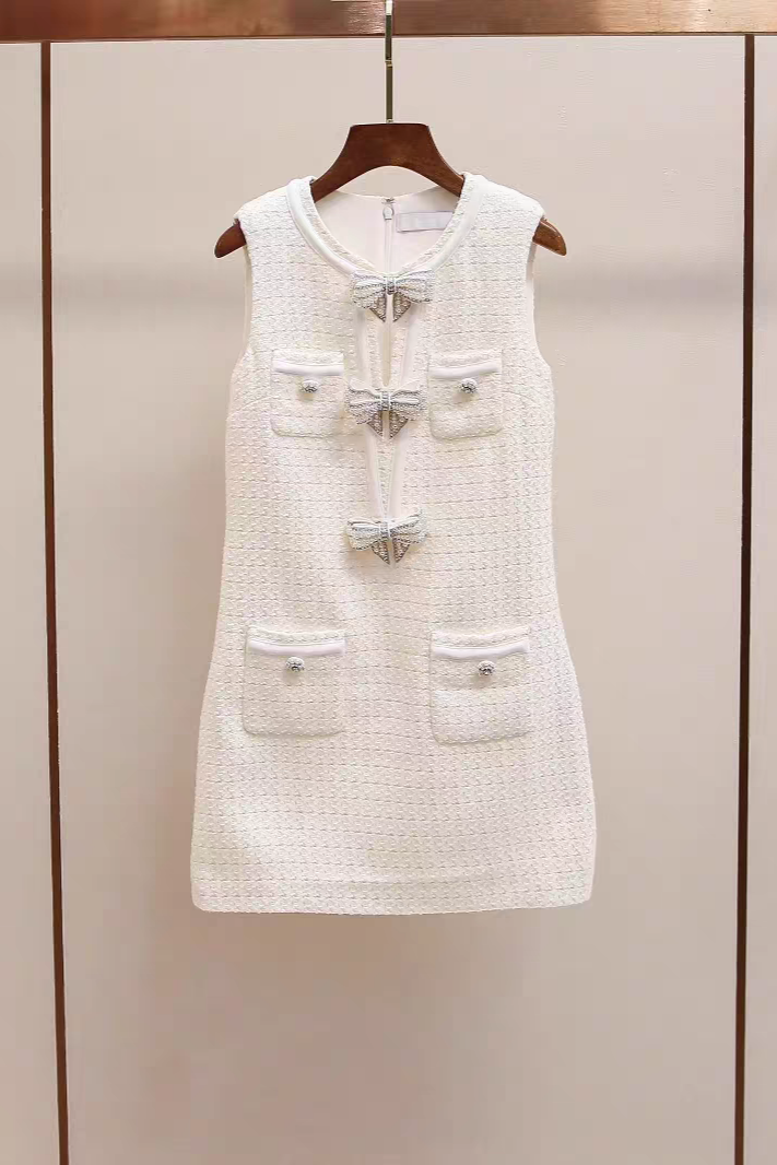 Cream Boucle Bow Mini Dress
