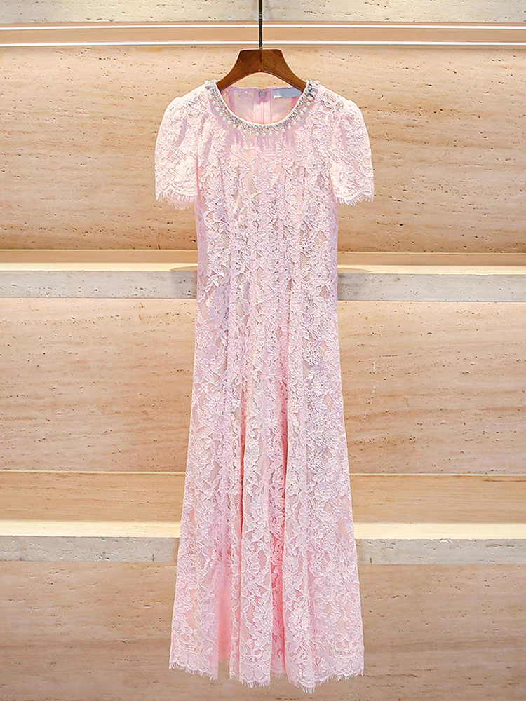 Flowering Girl Women Sequin Floral Lace Midi Dress in pink