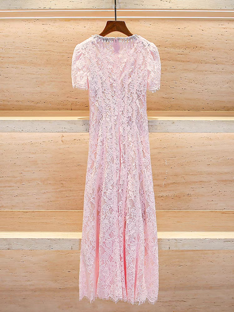 Flowering Girl Women Sequin Floral Lace Midi Dress in pink