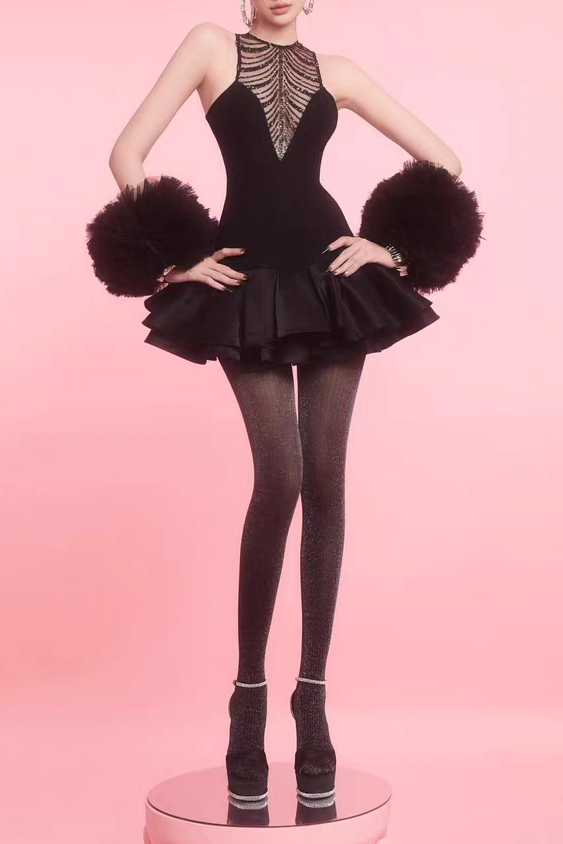 Flowering Girl Women jessica sequin tulle ruched hem mini dress in black