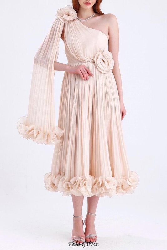 simona one shoulder 3d flower ruffle hem maxi dress in apricot