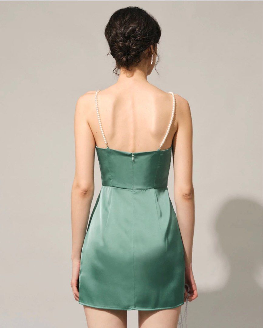 Flowering Girl Women Pearl Strap Satin Mini Dress in green
