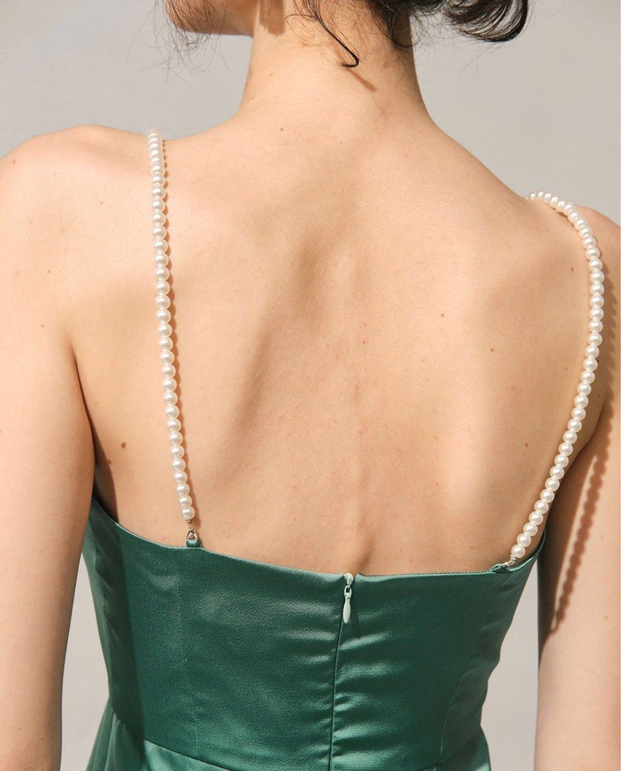 Flowering Girl Women Pearl Strap Satin Mini Dress in green