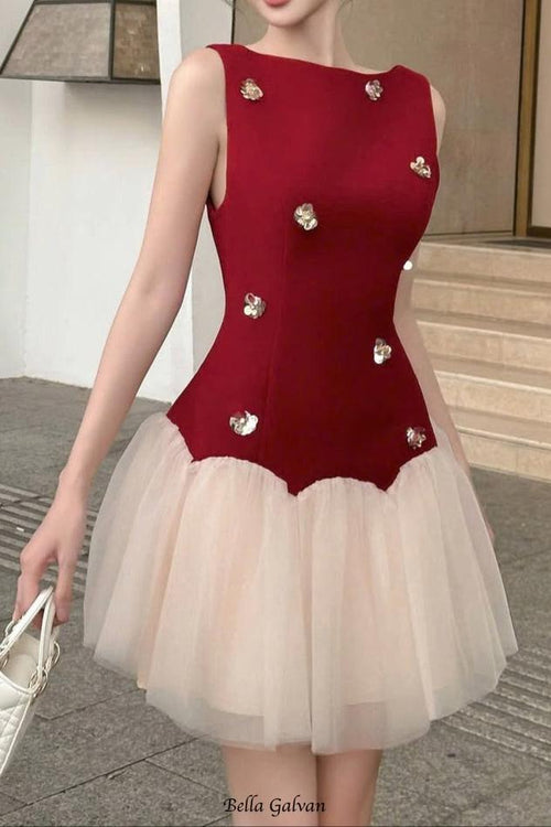 Flowering Girl Women beryl 3D flower patchwork tulle mini dress in red