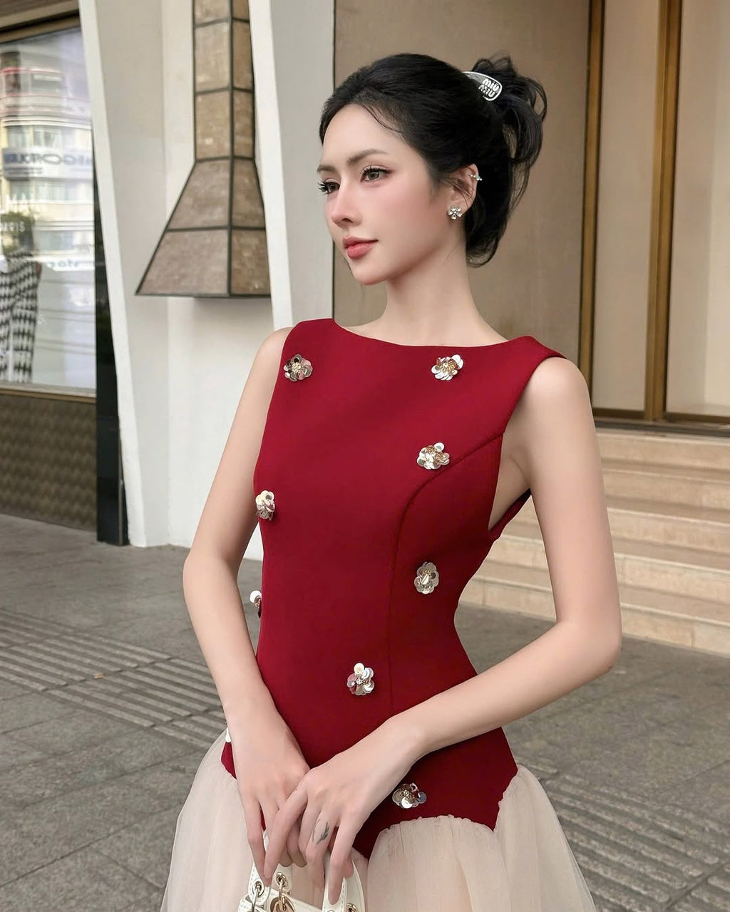 beryl 3D flower patchwork tulle mini dress in red