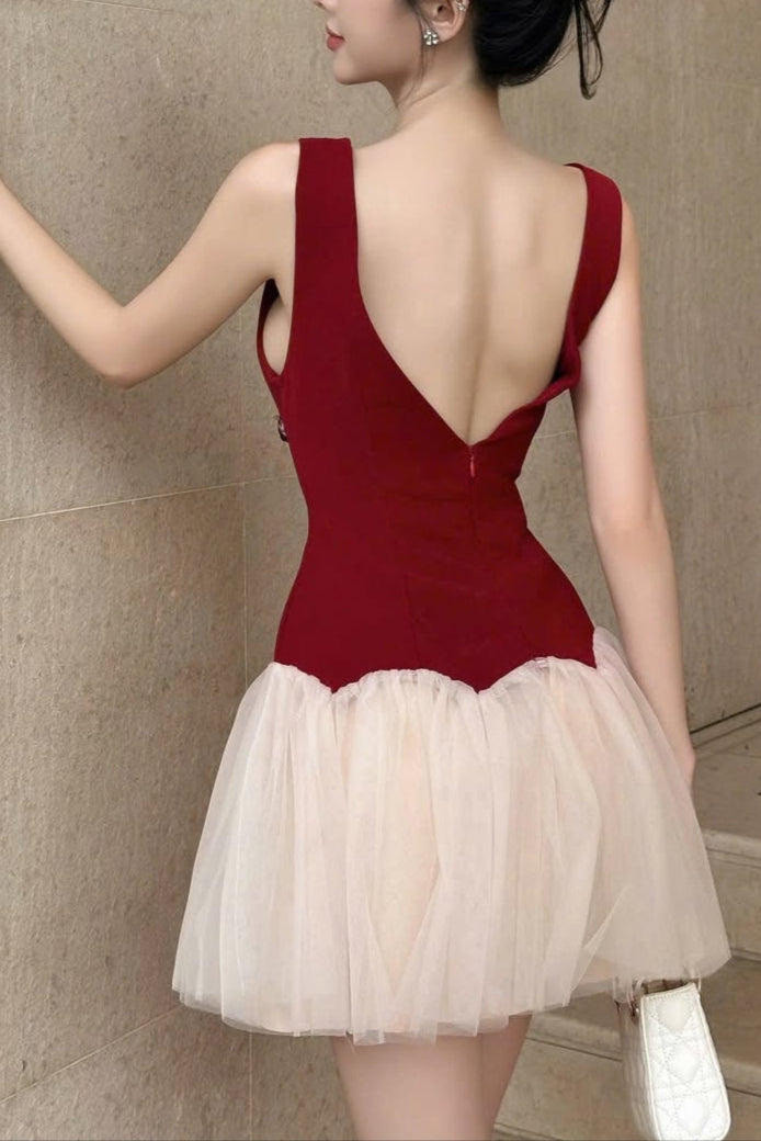beryl 3D flower patchwork tulle mini dress in red