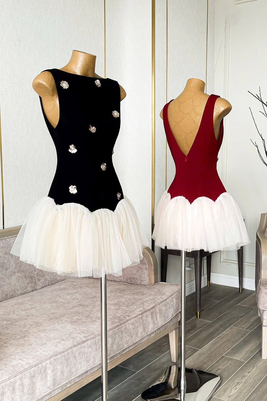 beryl 3D flower patchwork tulle mini dress in red
