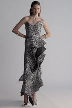 Flowering Girl Women asymmetric ruffled sequined crepe gown in silver