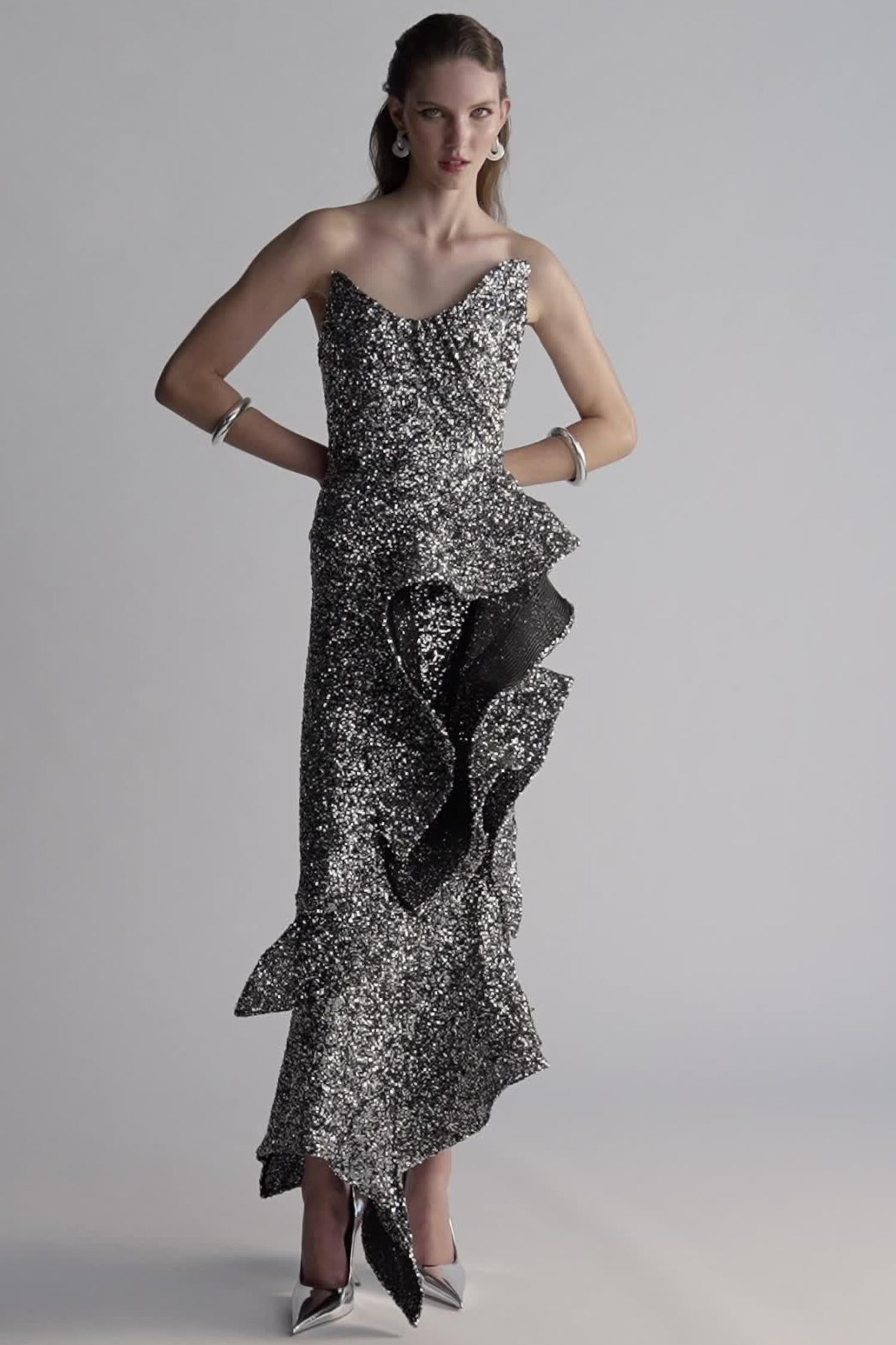 Flowering Girl Women asymmetric ruffled sequined crepe gown in silver