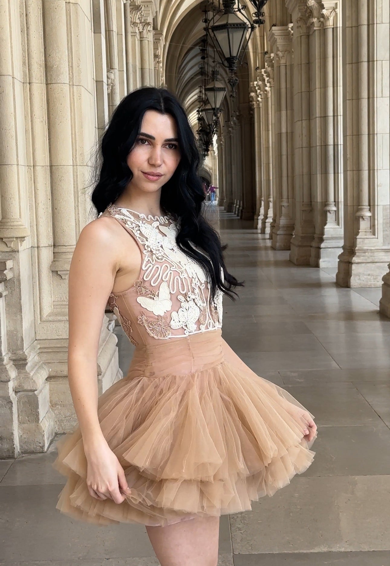 Ballerina |  Beige Tulle Mini Dress With 3D Applique