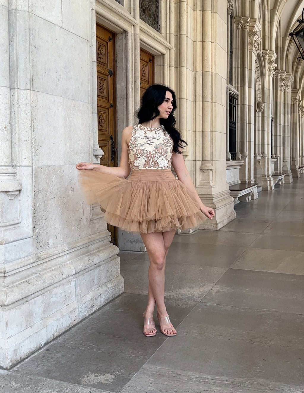 Ballerina |  Beige Tulle Mini Dress With 3D Applique