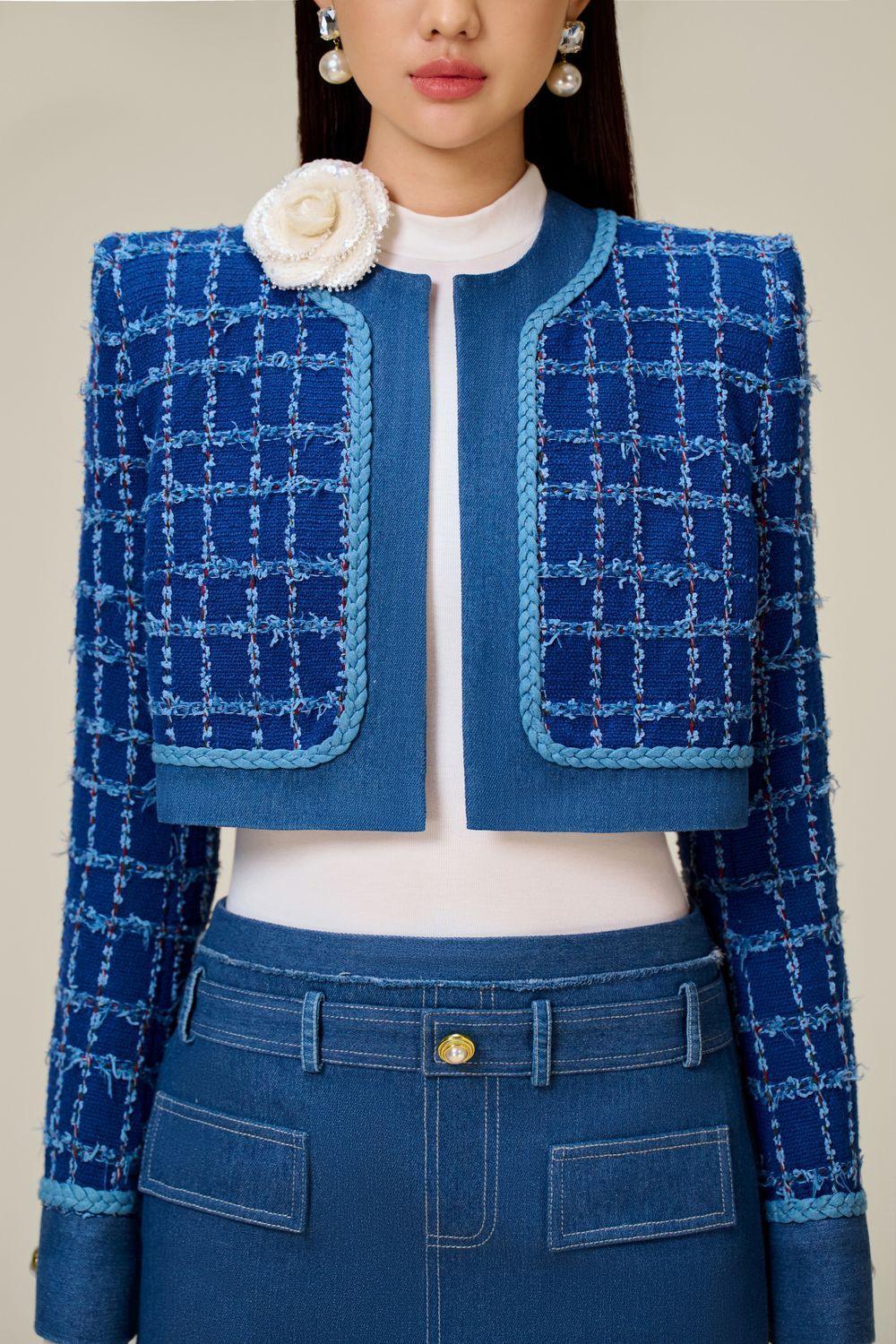 Flowering Girl Women Cathy patchwork Tweed Jacket in blue
