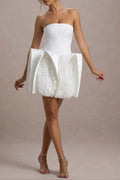 Flowering Girl Women White Bandeau Mini Dress With Puff Floral Hem