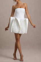 Flowering Girl Women White Bandeau Mini Dress With Puff Floral Hem