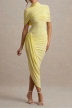 Flowering Girl Women Asymmetric Cape Ruched Midi Dress - Yellow