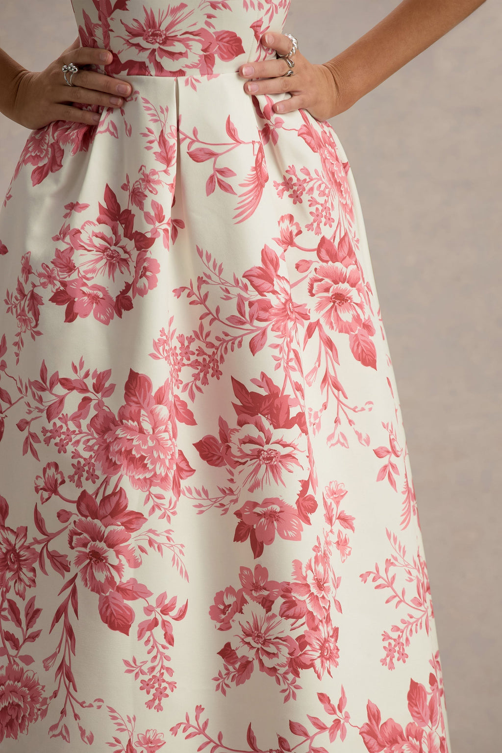 Cream & Pink Floral Strapless Midi Dress